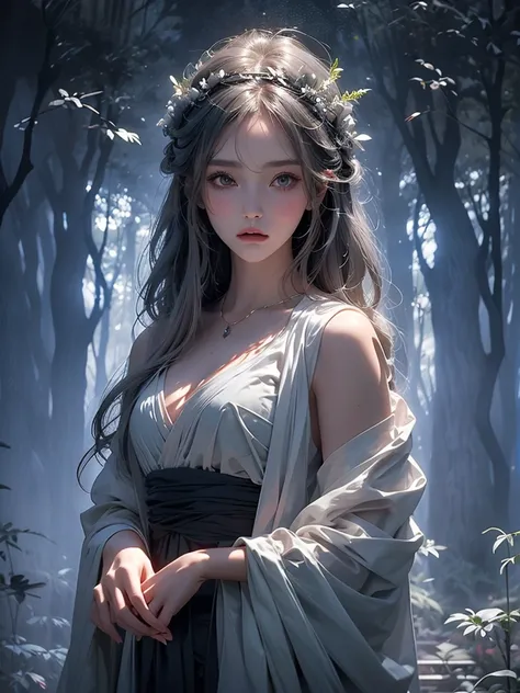 Beautiful girl in a transparent gray robe standing in a dark forest, Magnificent style, Octane Rendering, Desert Composition, Beautiful Face, Detailed face, Surreal, Oil on canvas, Awards, artwork, Art Station Trends, Studio Ghibli, Close-up of a girl
