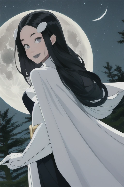 Tinya Wazzo, solo,black hair, long hair. grey eyes, smile, grey lips, white cape, best quality, masterpiece, 1girl, Masterpiece, Best Quality, Detail, forest, night, moon, from Behind, From Below, cape in front, 