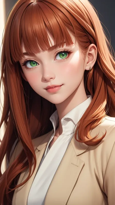 (masterpiece, best quality), intricate details, thin, ((slim)), beautiful girl, ginger red hair, blunt bangs, light green eyes, sharp jawline, beige flesh coat, long hair, lips, upper body, close up, smirk