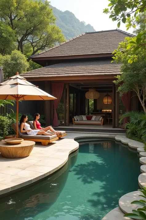 Joglo house 
Big living room with rattan and bamboo furniture,and root coffee table 
Curve beautiful swimming pool 
Two woman lying on sunbeds and umbrellas 
