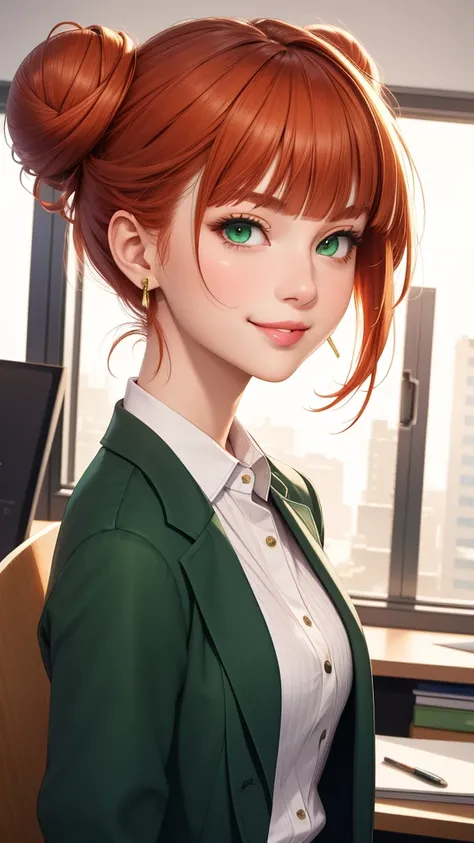 (masterpiece, best quality), intricate details, thin, ((slim)), beautiful girl, ginger red hair, blunt bangs, light green eyes, sharp jawline, office architect coat, bun hair, lips, upper body, close up, smirk , architect office 