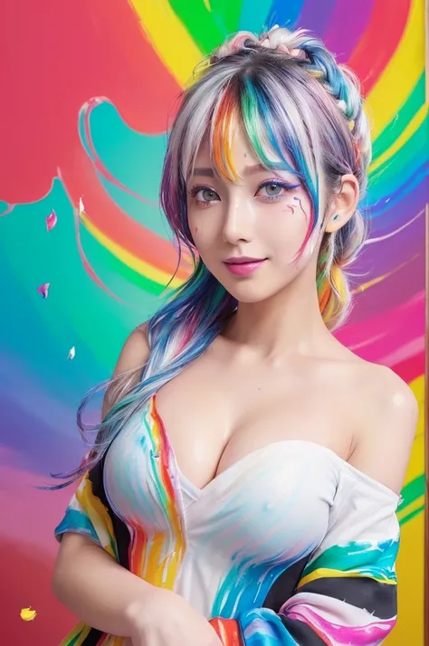 Beautiful Japanese Women, （Pink Fashion T-Shirt：1.9），(colorfulな髪: 1.8), (All the colors of the rainbow: 1.8),(((((vertical painting：1.6))), （painting：1.6），front, comics, shapes, paintings, Big eyes, Clear Eyes,Exquisite makeup, Mouth closed,(Small fresh: 1...