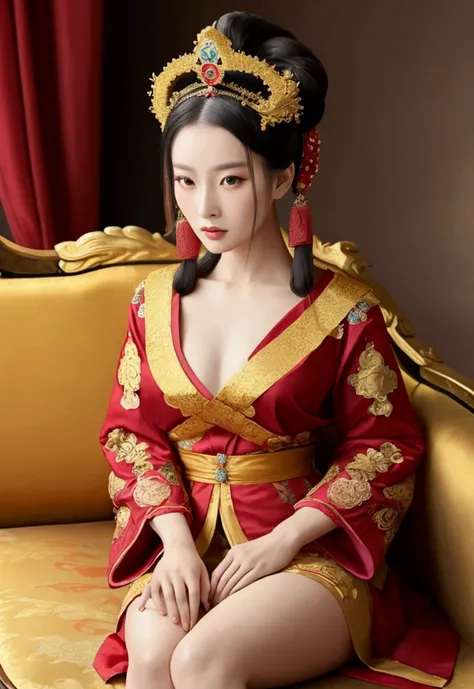 A gorgeous empress from the Chinese imperial court during the Qing Dynasty. She sits naked on a large yellow dragon embroidered sofa with her legs spread apart, her hair in double ponytails, wearing a gorgeous Chinese empress crown and a flower hairpin, an...