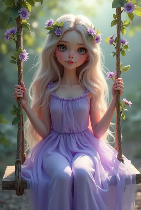 Beautiful girl with wavy long hair big eyes and small nose have 5.2 inches hight,  levender  colour 
long dress sit on  swing 