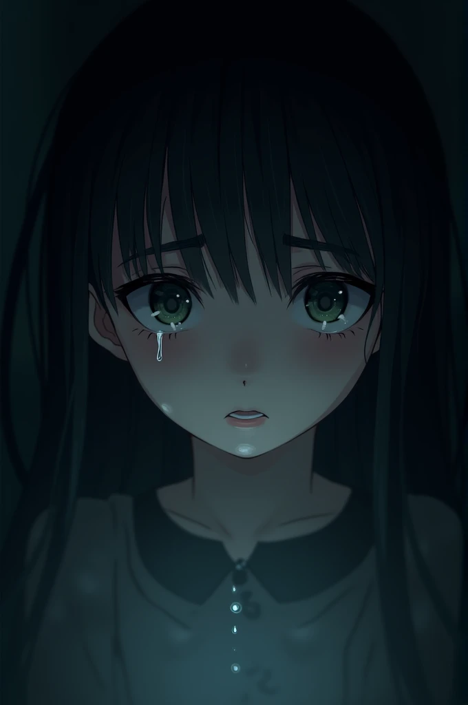 A girl crying in a dark place and a tear falls from her like light