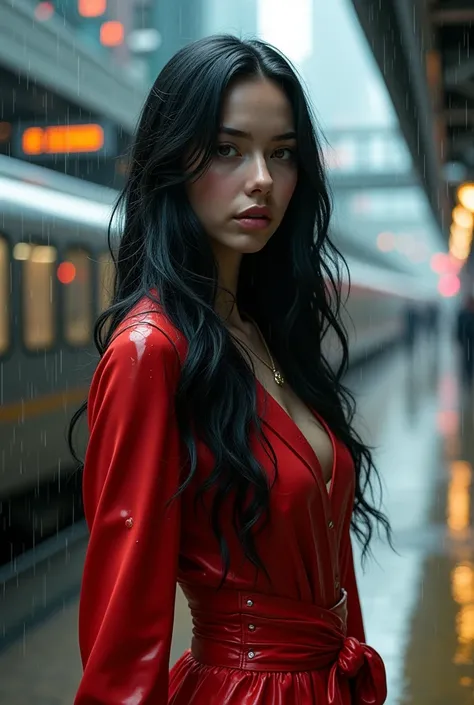 Beautiful girl with wavy long black hair, red full covered and red skirt realistic with a rain in cyberpunk city station 