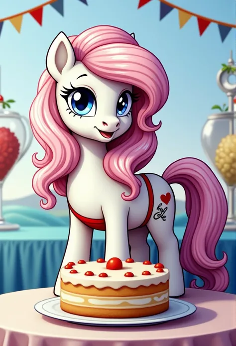 (My little pony), anthro, red underwear, white body, wavy long pink hair, blue eyes, detailed face, nsfw