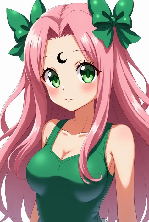 A female character from the anime Boku no hero academy who has the following long pink hair, who has two green bows in her hair. The character has green eyes and a kind expression. He is wearing a green tank top. On his forehead he has a symbol in the shap...