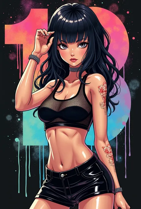 Create an image that shows a character reminiscent of Android18 from Dragon Ball Z with black sheer mesh tank top and vinyl miniskirt, casual expression, hand fixing her hair. beautiful. The background should be vibrant with splashes of color, giving the i...