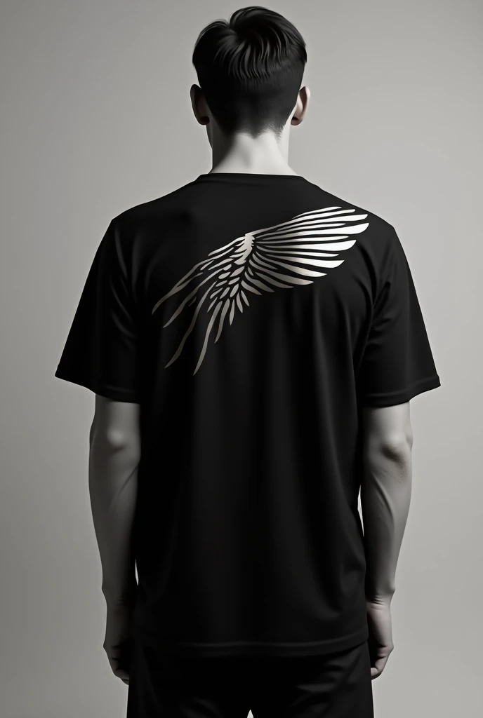 Photo of a plain black t-shirt called GABARTON. The back of the t-shirt has a long wing logo on the left and right. 