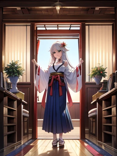 ((Highest quality)), ((masterpiece))、Small breasts are justice、Majestic Background、View from afar、Multiple people、Two women、Two shrine maidens、Dance、prayer、Uplifting、guide、(Blue and silver long hair、Blue-green eyes)、(Scarlet long hair、Orange eyes)、Miko cos...