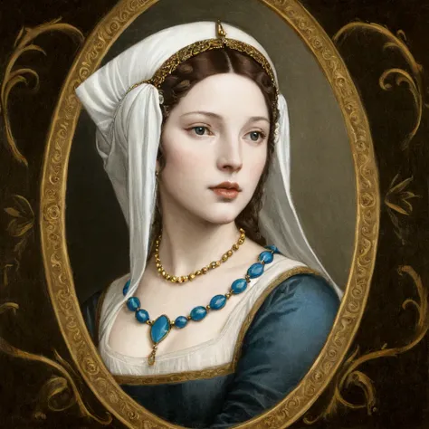 arafed picture of a woman with a white headdress and a blue and gold necklace, renaissance digital painting, in the art style of...