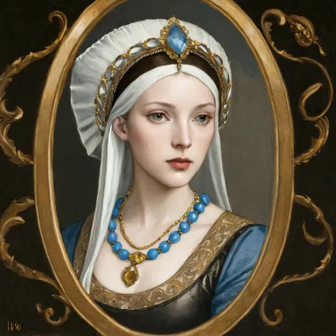 arafed picture of a woman with a white headdress and a blue and gold necklace, renaissance digital painting, in the art style of...