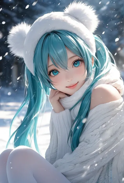 a fantastical drawing of Hatsune Miku in a snowy winter wonderland, wearing a cute white fur hat, a soft white turtleneck sweater and scarf, white tights and boots, her breathtakingly beautiful white skin and eyes, the falling snow transforms her into a sn...