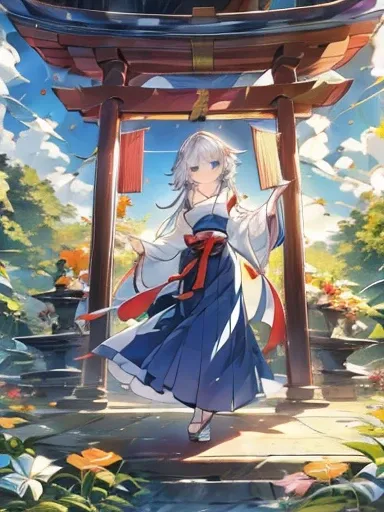 ((Highest quality)), ((masterpiece))、Small breasts are justice、Majestic Background、View from afar、Multiple people、Two women、Two shrine maidens、Dance、prayer、Uplifting、guide、(Blue and silver long hair、Blue-green eyes)、(Scarlet long hair、Orange eyes)、Miko cos...