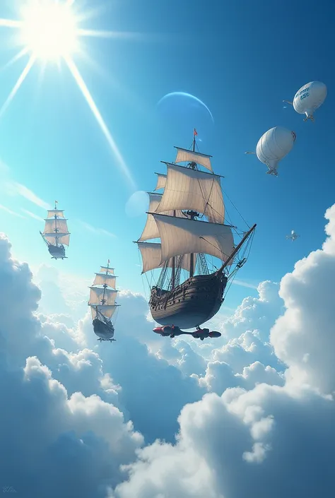 (8k、RAW Photos、Highest quality、masterpiece:1.2)、(Realistic、Realistic)、Blue sky、Ships flying in the sky、Airship、Age of Discovery、Iberian ship、sailboat、propeller