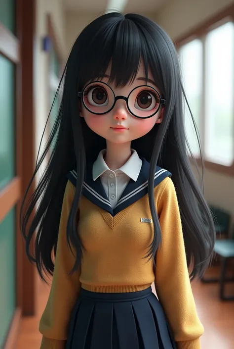 Girl with long black hair with glasses and school clothes in 3D
