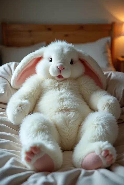 White Muscular fluffy Rabbit Daddy showing off his crotch, lying on the bed with his legs open. The mood is love