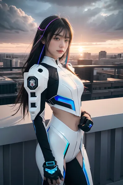 ((masterpiece, best quality, extremely detailed), volumetric lighting, ambient occlusion, colorful, glowing), 
1girl, solo, young girl, (dark hair), long hair, halo, aura, sacred, godness, cyber suit, (random-colored outfit:1.3), android, bot, cybernetic w...