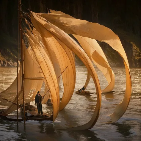 There was a man standing on a boat with a big sail, author：Peter Glick, Lipoti, inspired author：Peter Glick, frans lanting, Environmental Art, timberwork, Clothed in water and spine, by Zha Shibiao, Mark Adams, National Geographic Photography Award, beauti...