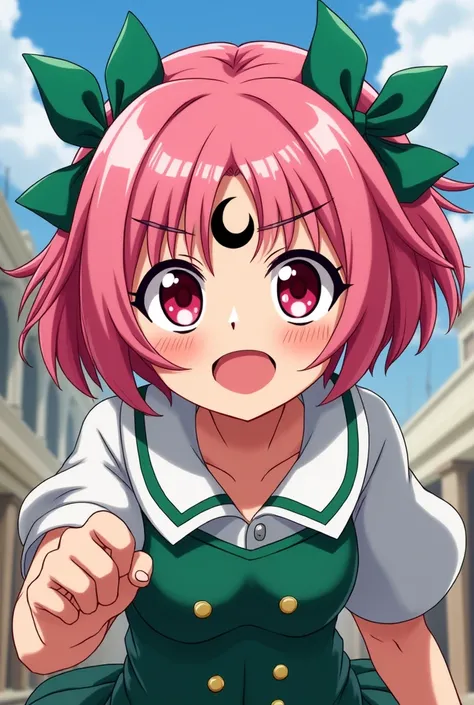 A female character from the anime Boku no hero academy who has the following short pink hair , who has two green bows in her hair. The character has red eyes .  On her forehead she has a black crescent moon symbol and she is chubby..
