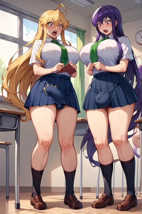 score_9,score_8_up,score_7_up, source_anime, cel shading, trio, ((full body)), ((futanari Japanese highschool girls)), ((Japanese highschool girls uniform)), black skirt, long black hair with blunt bang, blonde ponytail hair, long flowing purple hair, expr...