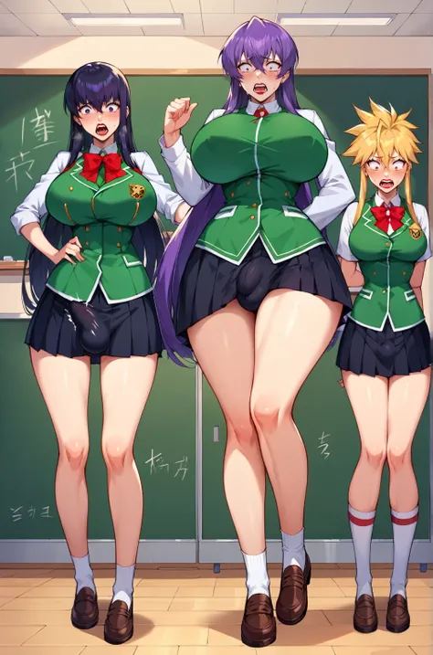 score_9,score_8_up,score_7_up, source_anime, cel shading, trio, ((full body)), ((futanari Japanese highschool girls)), ((Japanese highschool girls uniform)), black skirt, long black hair with blunt bang, blonde ponytail hair, long flowing purple hair, expr...