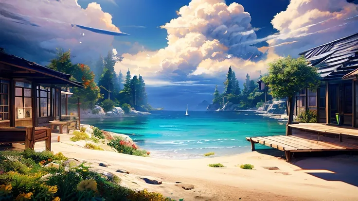 No people、Background only、Flat Line、anime、anime調、デジタルanimeアート、photograph、Back Blur、high quality、High resolution、Very detailed,summer,Sandy Beach, Cumulonimbus、Angle from the feet