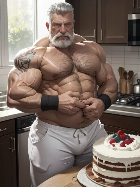 Hyperrealistic image of a very old and very sweaty superhero pastry chef with very gray hair., A bodybuilder over 80 years old., very muscular and fat, weighing more than 200 kilos, with bare torso, large and flaccid pectorals, tattoos, huge brown nipples,...