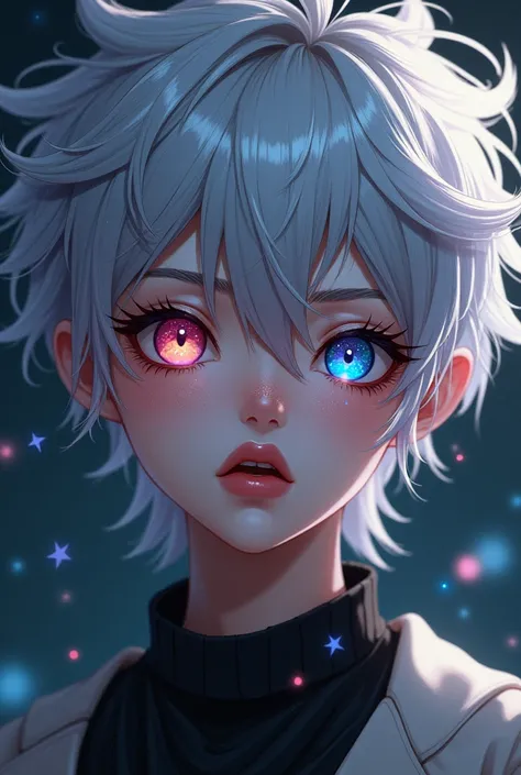 (Himanshu (Messy silver hair:1.1) (Heterochromia xanthochromia and blue eyes:1.2) (himanshu bhaiya (Colored stars in the eyes:1.0) (A radiant glow:1.1) (thick lips:0.9)