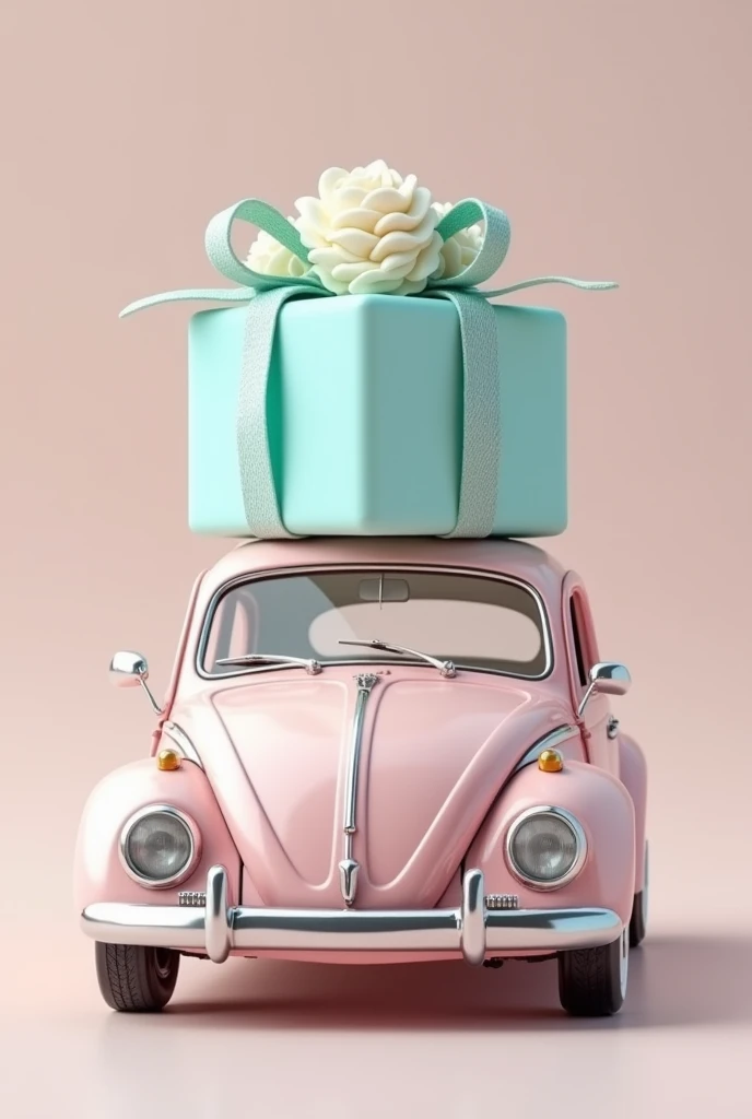 Fascinating, Exquisite details, best quality，masterpiece，Rich details，Symbolizes unlimited creativity and imagination. Surreal work，A light pink mini vintage beetle car，On the roof of the car is a soft dessert in the shape of a Tiffany blue gift box made o...