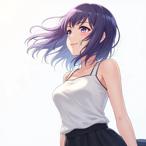 ((Highest quality, 10)), (Realistic), (face focus: 1.1), (White & Black: 1.3), japanese girl Girl, purple hair Hair, 
I fluttered in the wind., turned sideways, Look up at your face., Closed eyes, (sleeveless: 1.1)、skirts, D Cup Chest,