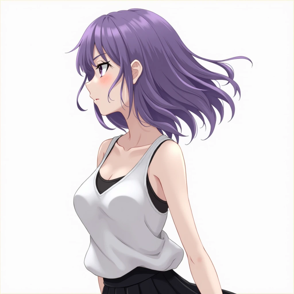 ((Highest quality, 10)), (Realistic), (face focus: 1.1), (White & Black: 1.3), japanese girl Girl, purple hair Hair, 
I fluttered in the wind., turned sideways, Look up at your face., Closed eyes, (sleeveless: 1.1)、skirts, D Cup Chest,