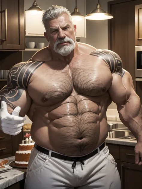 Hyperrealistic image of a very old and very sweaty superhero pastry chef with very gray hair., A bodybuilder over 80 years old., very muscular and fat, weighing more than 200 kilos, with bare torso, large and flaccid pectorals, tattoos, huge brown nipples,...