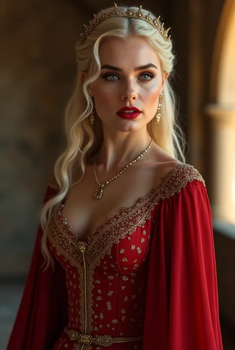 hyper real full-body photo of [Cersei Lannister|Lena Headey], (red-and-gold wedding dress:1.2), beautiful, sexy, 1girl, brunette, make-up, red lips, realistic proportions, realistic pupils, limited palette, highres, absurdres, cinematic lighting, 8k resolu...