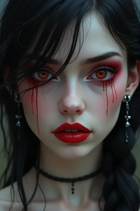 aa portrait of vampire with a bloody tear coming down from he eye, an exotic beautiful female vampire, dynamic hair color hair color, dynamic hair style, ultra detailed face, best detailed face, silver eye color, ((1single red teardrop: 1.3)), ((tear drop ...