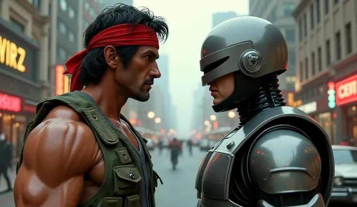 

Depict Sylvester Stallone as Rambo, in his iconic camouflage outfit and red headband, without a beard. Show Robocop in his futuristic armor. Set the scene in a 1960s environment with vintage cars and retro buildings. Use a muted color palette. Add the ti...