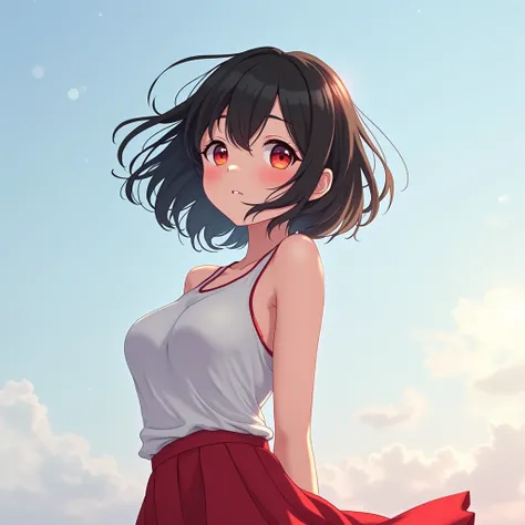 ((top-quality, 8K)), (Realistic), (Face Focus: 1.1), (White and Red Black 1.3), Kawaii Girl, short-hair, 
Hair fluttering in the wind, Facing to the side, Look up at your face, Eyes closed, (Sleeveless: 1.1)、Skirt, D Cup Breasts,