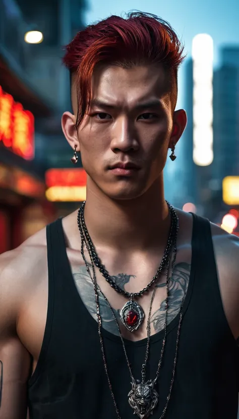 ((Half-body)), male vampire, half human, half beast, extremely handsome, (((red hair))),15 years old, muscular, tattooed, wearing a necklace, high ponytail, street scene, gangster style, romantic, Hong Kong cinema. Eyes filled with sadness and longing. Cin...