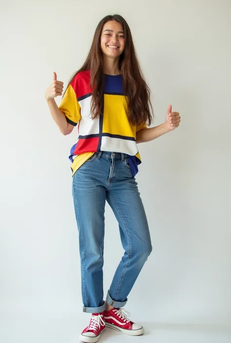 One Woman,Brown long hair,Have a happy face、He is wearing a shirt with Mondrian&#39;s Composition pattern.,The shirt is made up of red, yellow, blue and white squares.,Blue jeans,Holding both hands in a fist, pointing thumbs towards one&#39;s face、Red snea...