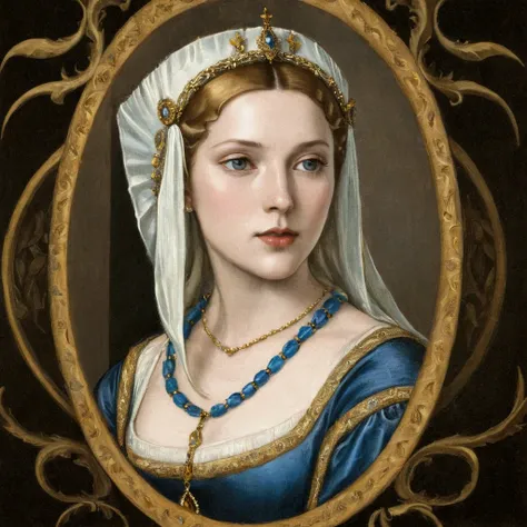 arafed picture of a blonde woman with a white headdress and a blue and gold necklace, renaissance digital painting, in the art s...