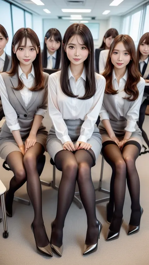 are standing,group shot,office suits,medium hair,pencil skirt,short socks、leg spread,squat,bend over:1.5.ahegao,orgasm,
((highes...