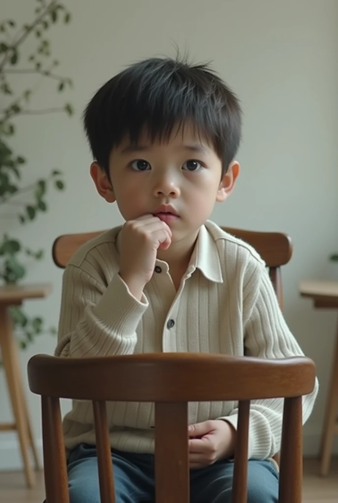 A young boy sitting on chair front of camera 