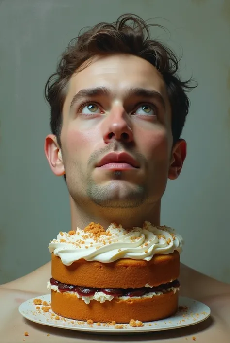 Man has birthday. Half cake and Half face with bland the cake into face 