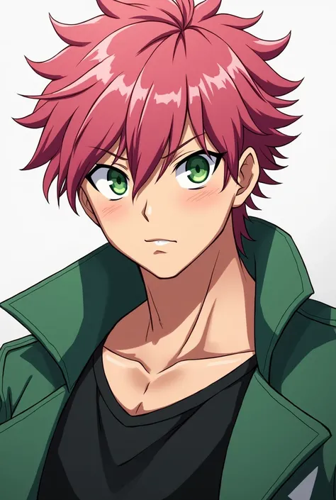 A very handsome male character of about 18 years old from the series Boku no hero academi who has the following short pink hair , the character has a strong look, character has green eyes .  