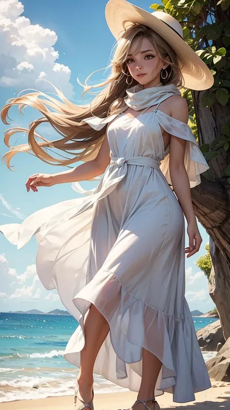 Pose: Woman standing with her hair being blown by the wind, looking into the distance or at the camera.Expression: Serene and confident, with a hint of a smile or a calm gaze.Attire: Flowy dress, casual yet stylish outfit, or beachwear that complements the...