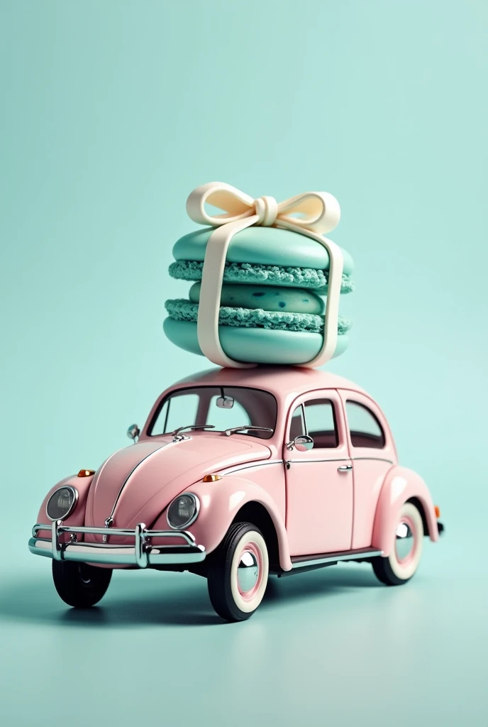 Fascinating, Exquisite details, best quality，masterpiece，Rich details，Symbolizes unlimited creativity and imagination. Surreal work，A light pink mini vintage beetle car，A Tiffany blue macaron cream dessert is placed on the roof，Pearlescent cream，The top la...