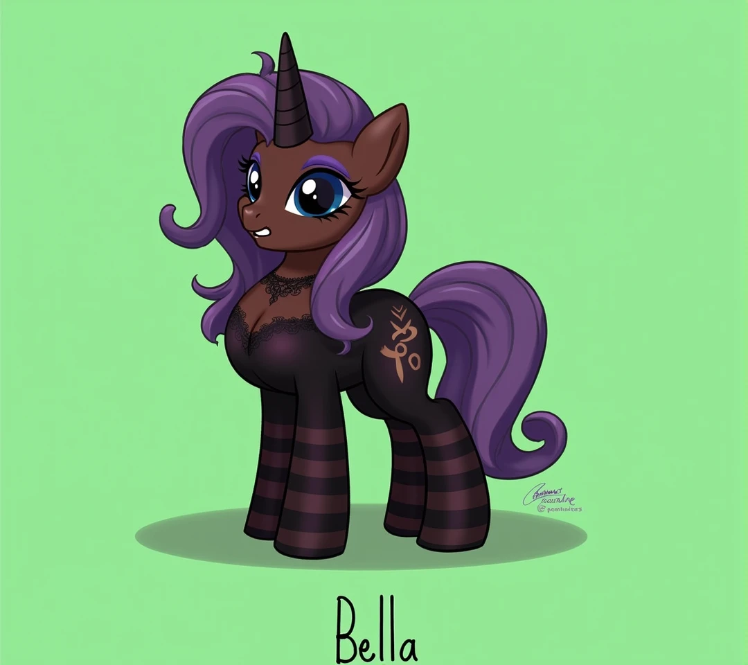 (My little pony), detailed face, black panties, purple hair, dark brown body, dark blue eyes, eyelids, eyeshadow, bow, big breasts, seductive face, (high detailed), ((black thong)), lace camisole top, striped stockings, cleavage line, text "Bella"