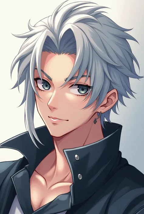 Extremely Handsome boy with silver hair, muscular body, beautiful black eyes and ear piercing like anime style image