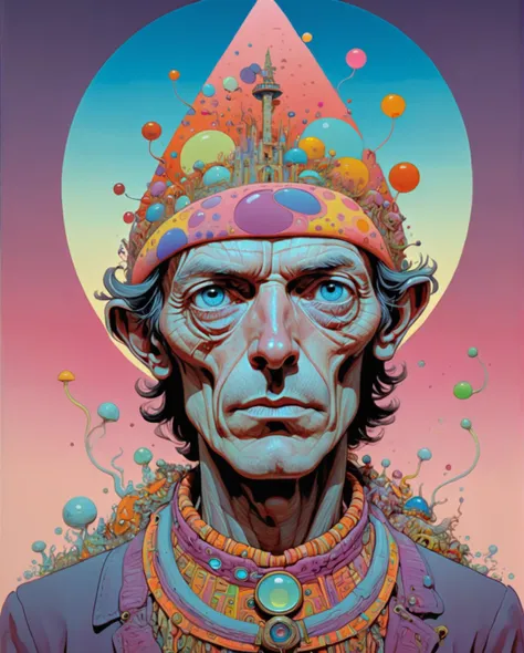 Moebius (Jean Giraud) Style - A captivating portrait by Jean Giraud Moebius, ((masterpiece)), ((best quality)), (highest quality masterpiece), (masterpiece), (masterpiece, best quality), Psychedelic Abstract Art, puzzling, melt, Bright colors, Michael DeFo...